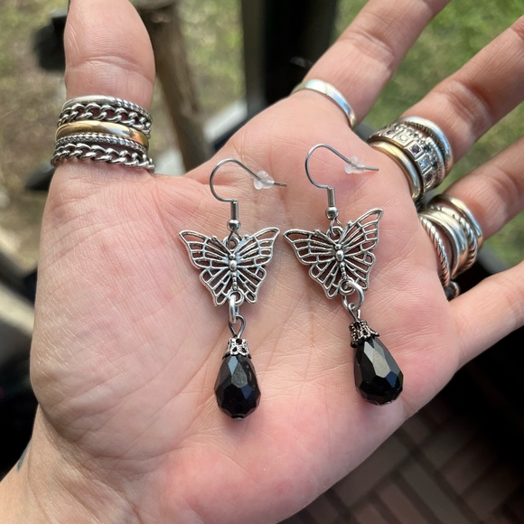 Butterfly Set with black austrian crystals ( necklace & matching earrings ) boho - Picture 7 of 13
